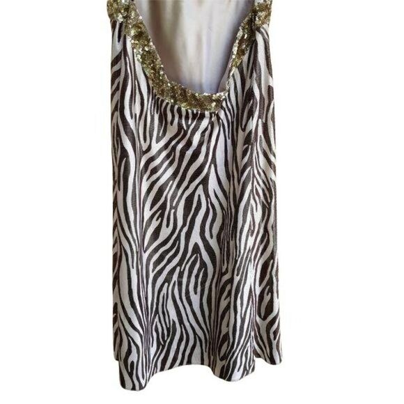 Y2K La Femme Racerback Dress 10 Formal Metallic Bronze Zebra Plunging V Strappy - Picture 10 of 11